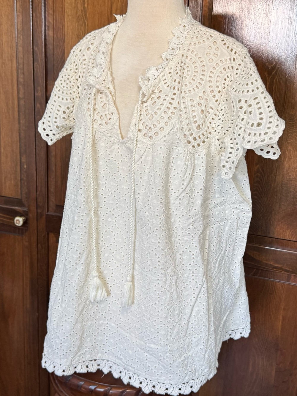 Cottagecore Boho Jennifer & Grace Cream Eyelet Lace Peasant Blouse Plus 1X